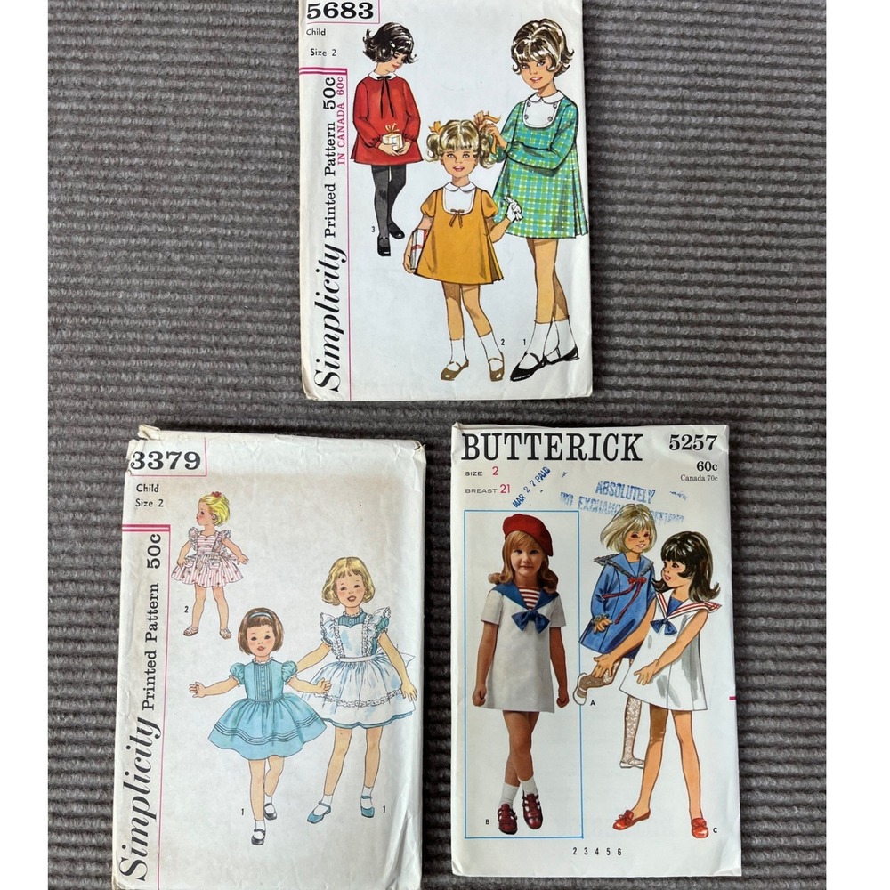 Vintage Girls Sewing Patterns Simplicity 5683 3379 Butterick 5257 Size 2 Dress